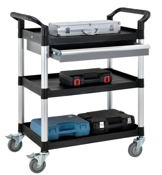 Global Industrial™ Utility Cart, 3 Shelves, 1 Drawer, 440 lb. Cap, 26"L x 17"W x 39"H, Black - PuriLite