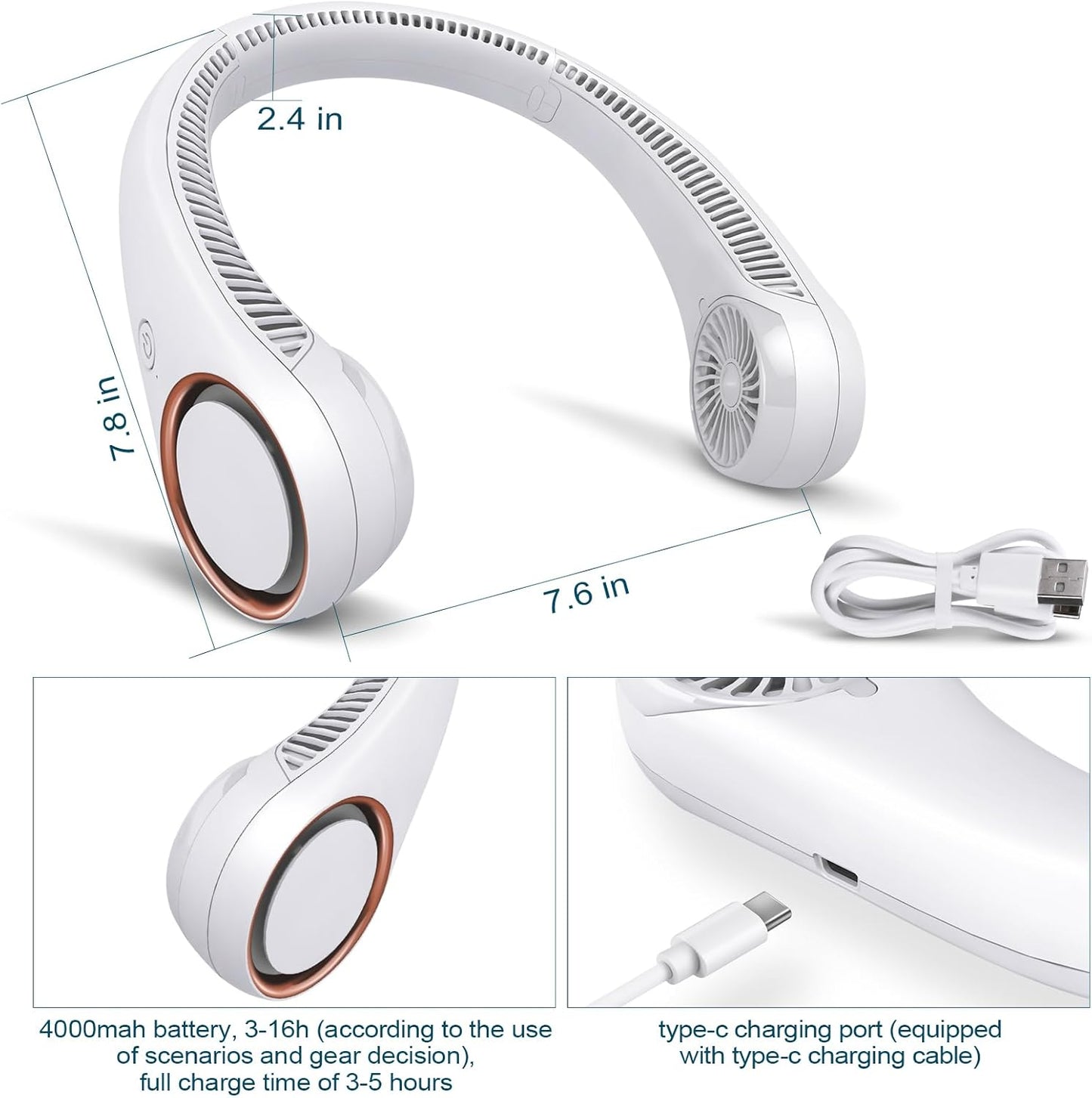 CIVPOWER Neck Fan - Portable Personal Bladeless Cooling Fan, Hands-Free Wearable Design, 3 Speeds, 4000mAh USB Rechargeable Battery for Men & Women (White)