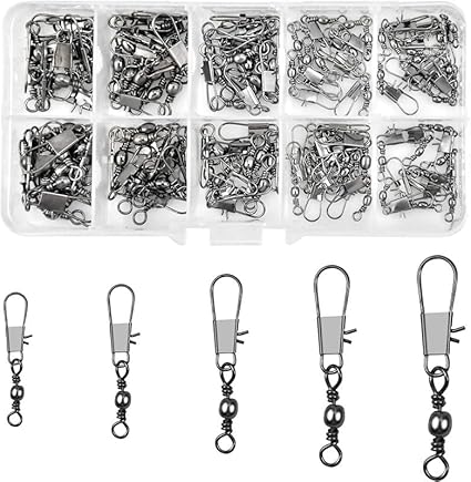 Fishing Swivel Snaps Kit Solid Barrel Swivel, 200Pcs Fishing Swivels Fishing Trout Fishing Swivels Carabiner Fishing Swivels,2# 4# 6# 8# 10#Fish Fishing Barrel Swivel with Safety Snap Interlock Snap