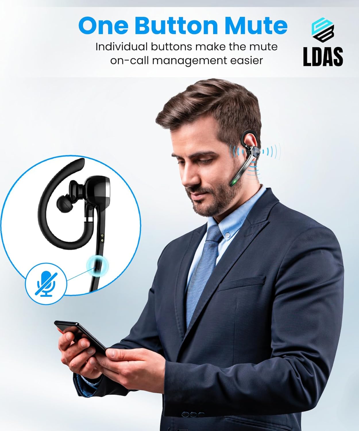 LDAS Bluetooth Headset G7 AI Noise Cancellation, High Capacity Battery, 72-Hour Talk Time, LED Display Charging Case, Hands-Free Mic. Perfect for Office, Business, Truck Driving. Clear Calls & Comfort