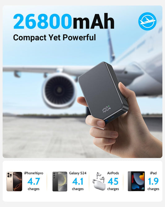 Magnetic Power Bank 26800mAh for Magsafe Portable Charger, Aluminum Alloy casing Large Capacity 20W USB-C in&Out Wireless Fast Charging Battery Pack for iPhone16 Plus Pro Max/15/14/13/12 Series, Gray