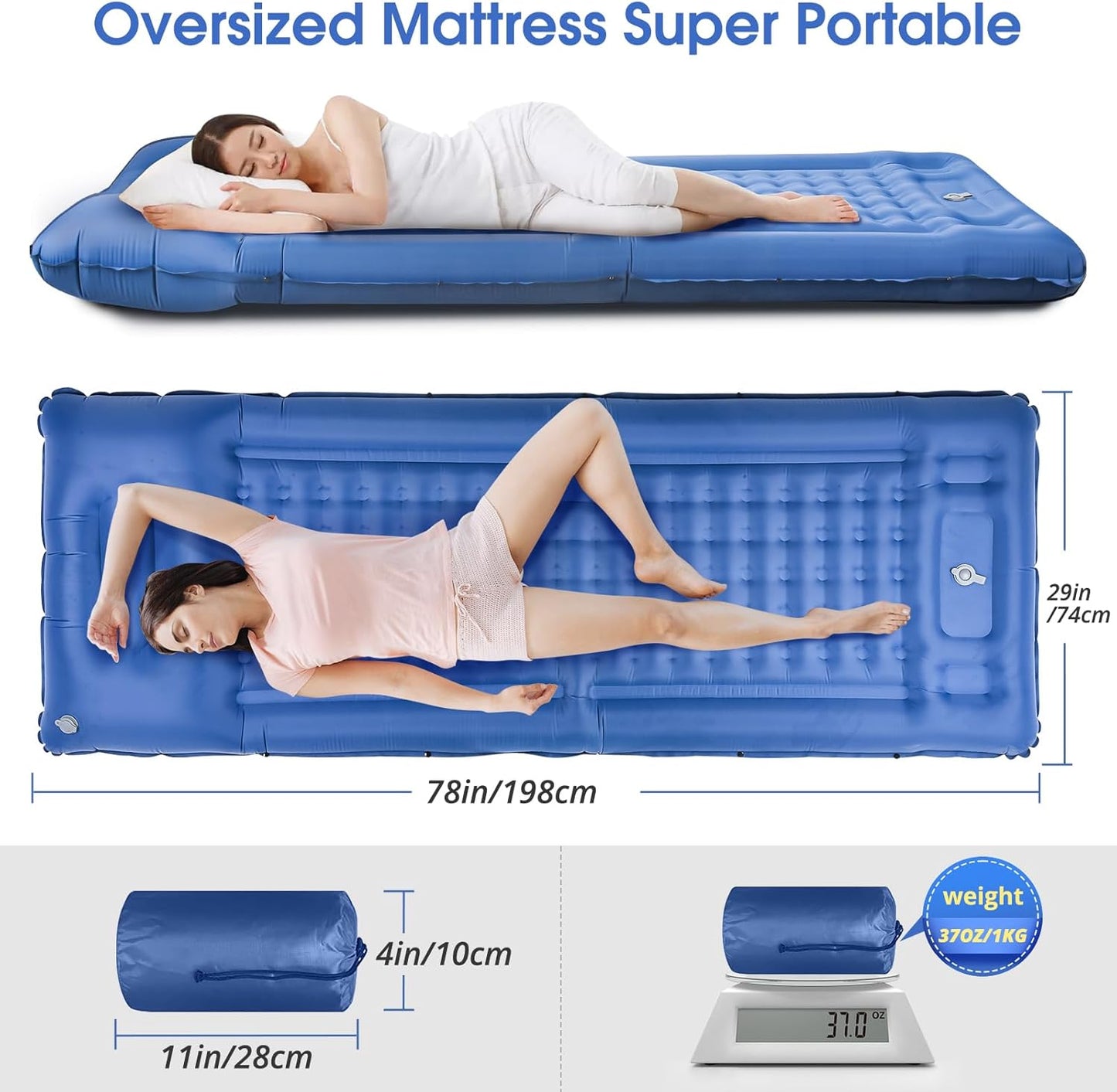 Camping Sleeping Pads,Extra Thick 5 Inch Inflatable Sleeping Mat with Pillow Built-in Pump,Oversized Mattress Super Portable Backpacking Sleeping Pad (Blue, Single)