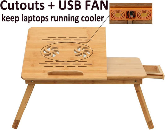SKYZONAL Laptop Desk Adjustable Bamboo Laptop Table with Fan Drawer Foldable Bed Tray Breakfast Tray Padded Lap Work Tray,for Working Writing Drawing - PuriLite