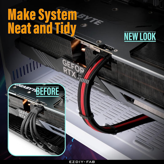 EZDIY-FAB GPU Power Sleeved Cable Extension, 16pin(12+4) 12VHPWR PCIe 5.0 Connector Male to 3X PCIE 8 PIN for RTX4070ti/ 4080/ 3090Ti, with Pre-Installed Cable Combs-16AWG/Black Red