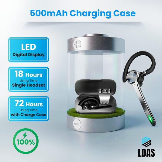 LDAS Bluetooth Headset G7 AI Noise Cancellation, High Capacity Battery, 72-Hour Talk Time, LED Display Charging Case, Hands-Free Mic. Perfect for Office, Business, Truck Driving. Clear Calls & Comfort