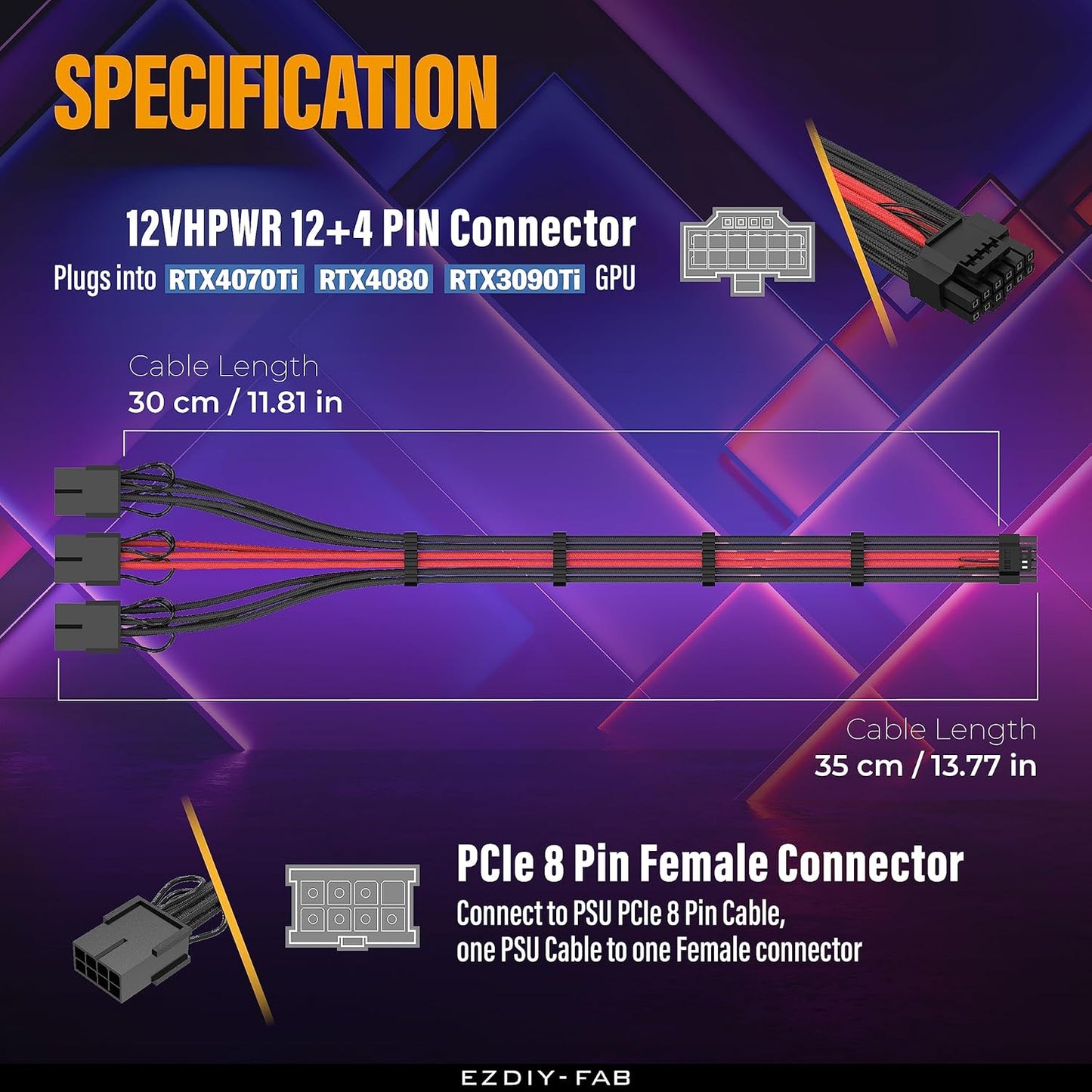 EZDIY-FAB GPU Power Sleeved Cable Extension, 16pin(12+4) 12VHPWR PCIe 5.0 Connector Male to 3X PCIE 8 PIN for RTX4070ti/ 4080/ 3090Ti, with Pre-Installed Cable Combs-16AWG/Black Red