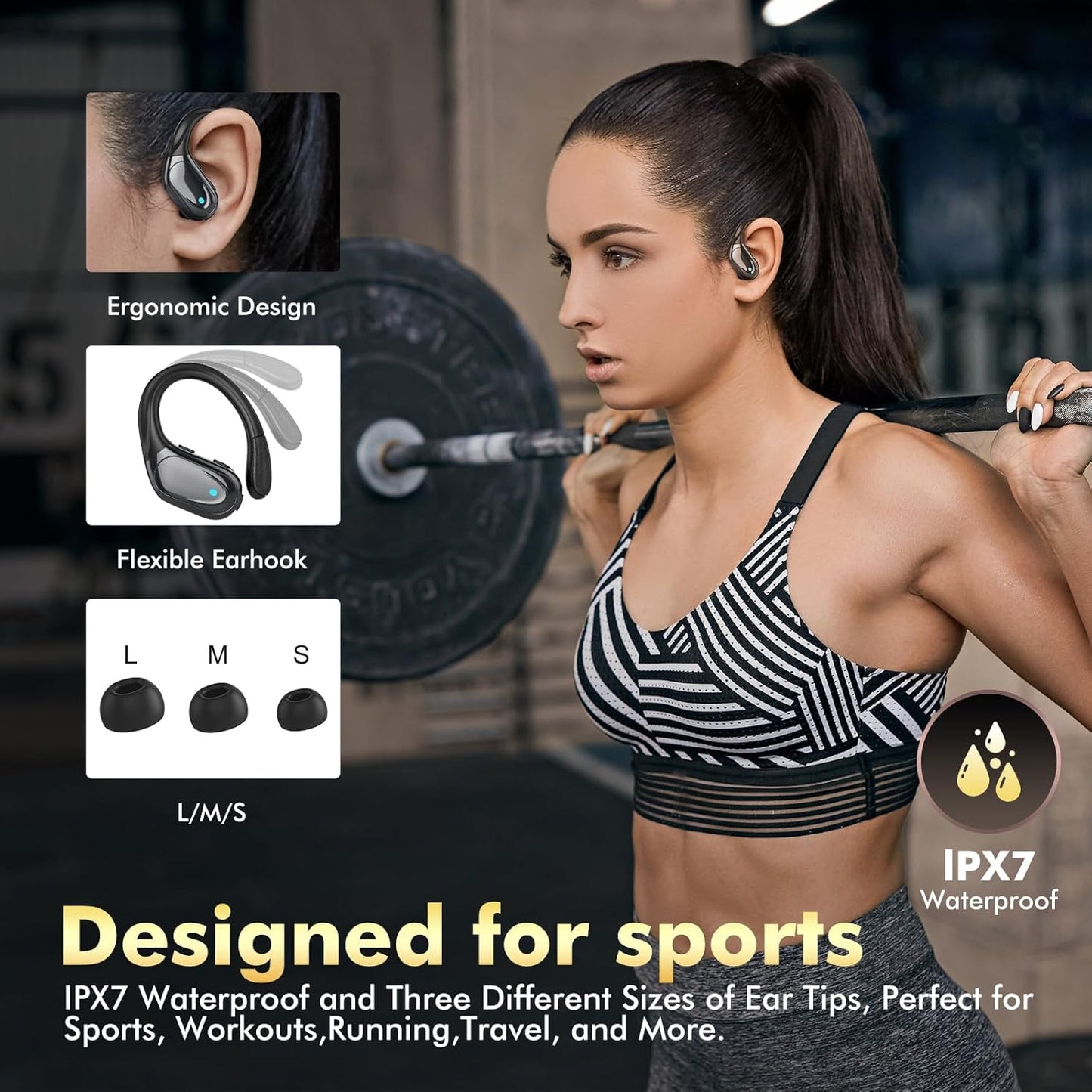 Wireless Earbuds, Sports Bluetooth Headphones, 80Hrs Playtime Ear Buds with LED Power Display, Noise Canceling Headset, IPX7 Waterproof Earphones for Workout/Running Black