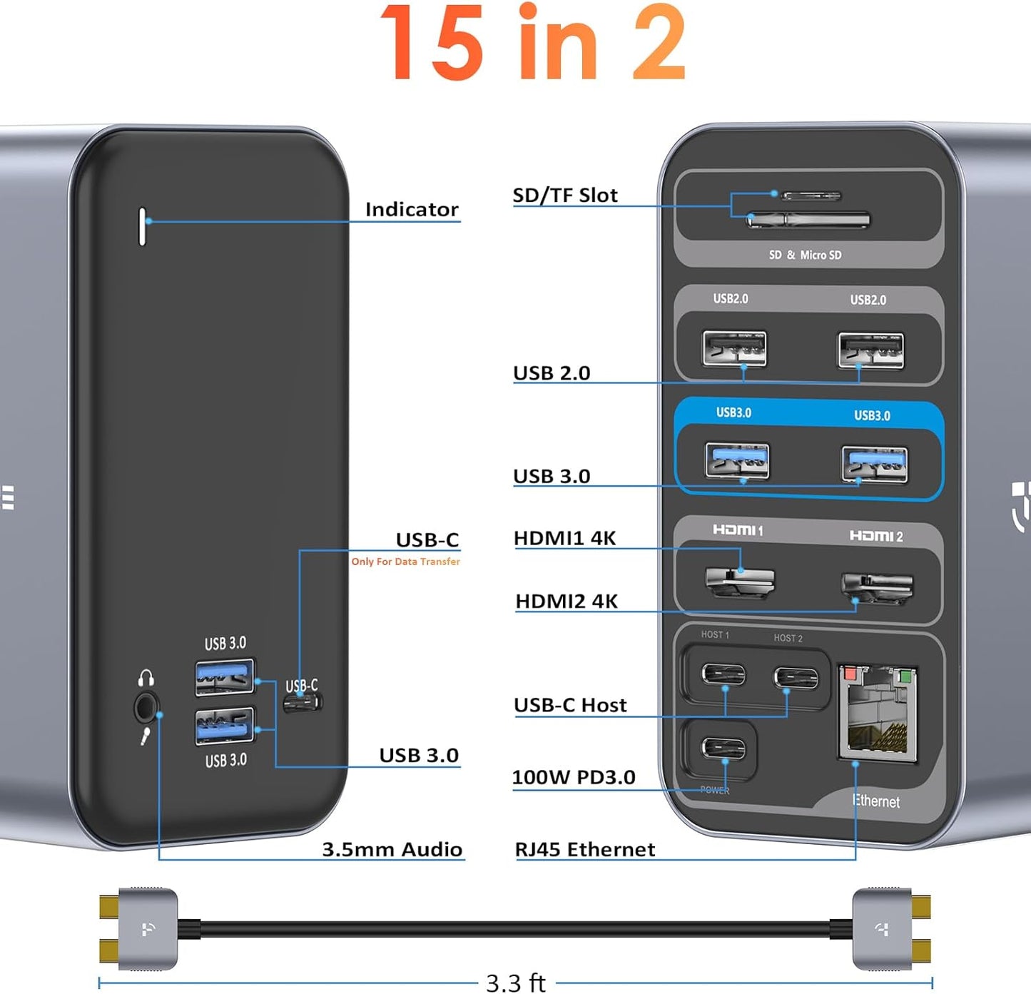 USB C Docking Station Dual 4K Monitor, TOBENONE Laptop Docking Station for MacBook Pro/Air, 15 in 2 USB-C Dock with 2 HDMI Port, 7 USB, SD&Micro SD, Gigabit Ethernet, 87W PD 3.0, Audio/Mic
