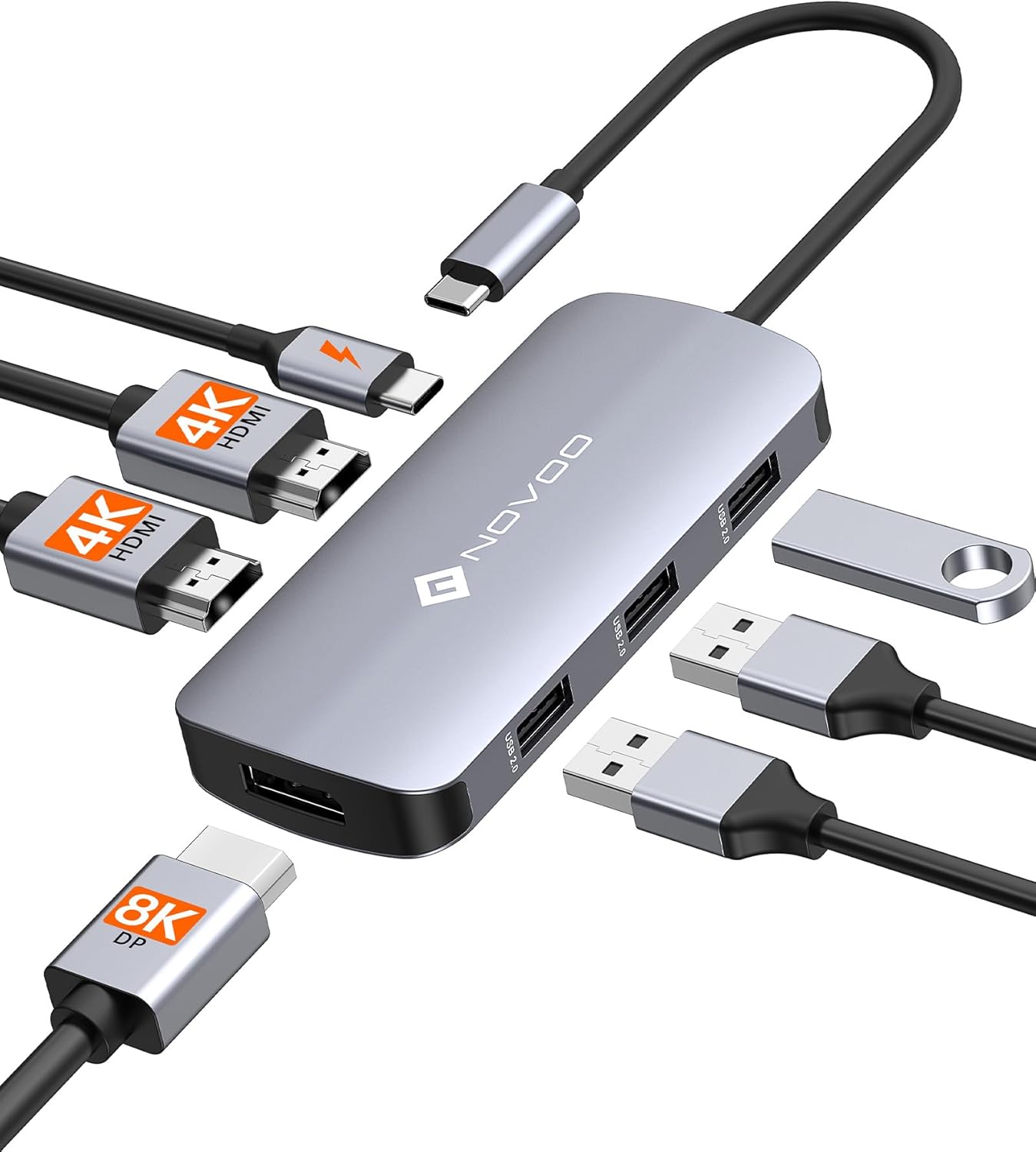 Docking Station Triple Display, NOVOO RM7 USB C Docking Station Dual Monitor Adapter with 8K@30Hz DP and Dual 4K@60Hz HDMI, 100W PD, 3 USB Ports, USB C Dock for HP, DELL, Lenovo, MacBook Laptops