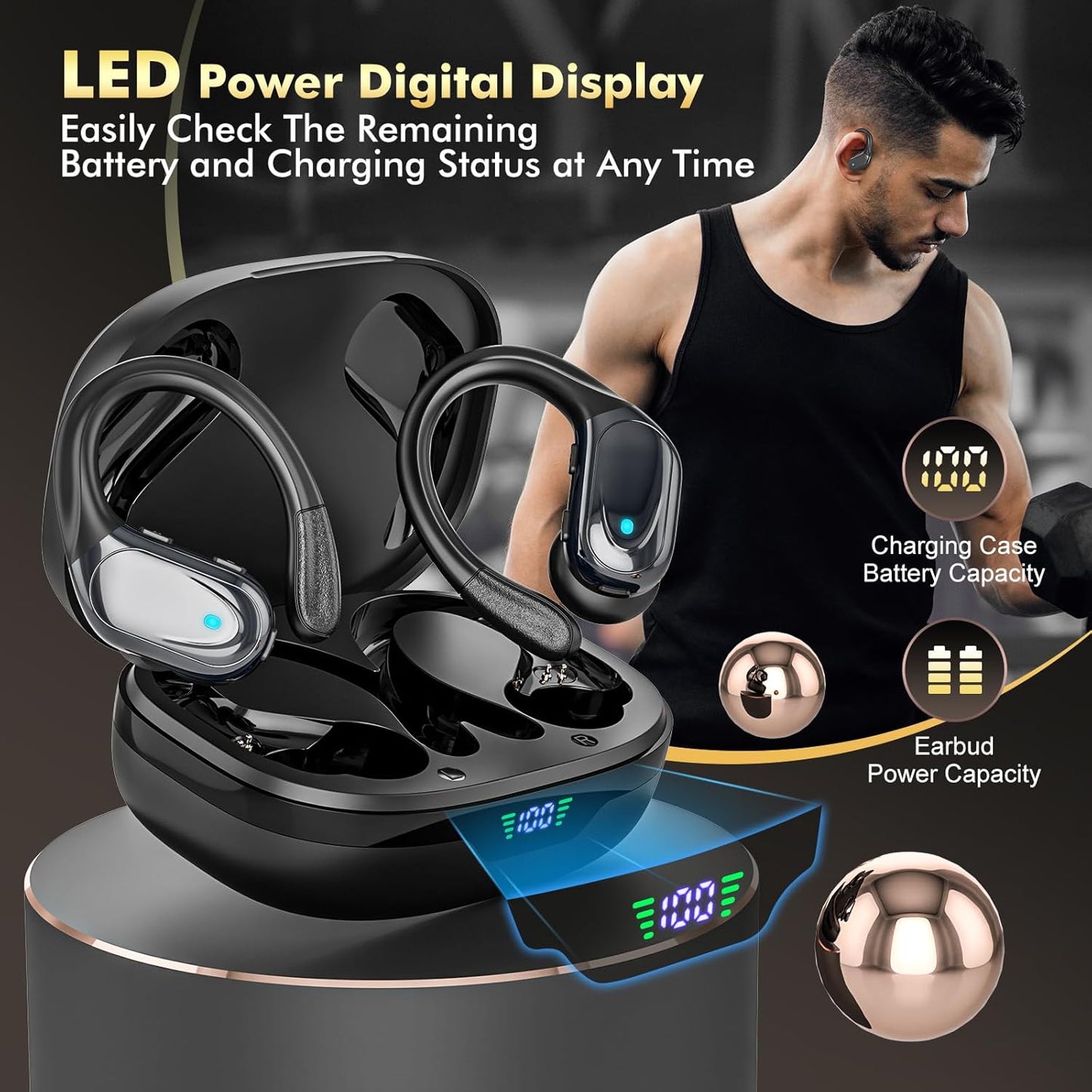 Wireless Earbuds, Sports Bluetooth Headphones, 80Hrs Playtime Ear Buds with LED Power Display, Noise Canceling Headset, IPX7 Waterproof Earphones for Workout/Running Black
