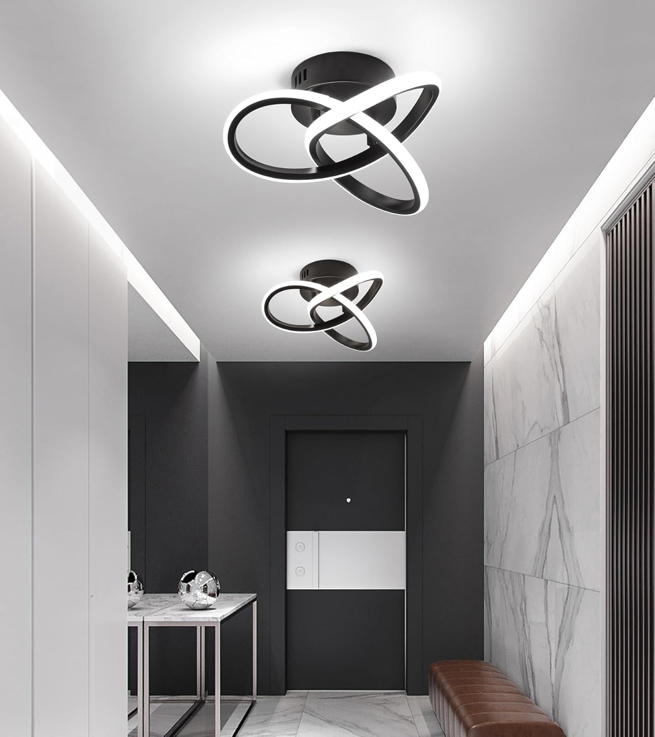 AMZASA Modern LED Ceiling Light Fixtures Black Semi Flush Mount Ceiling Lamp Hallway Lights for Bedroom Bathroom Entryway Closet Balcony Stair Curved Design15W