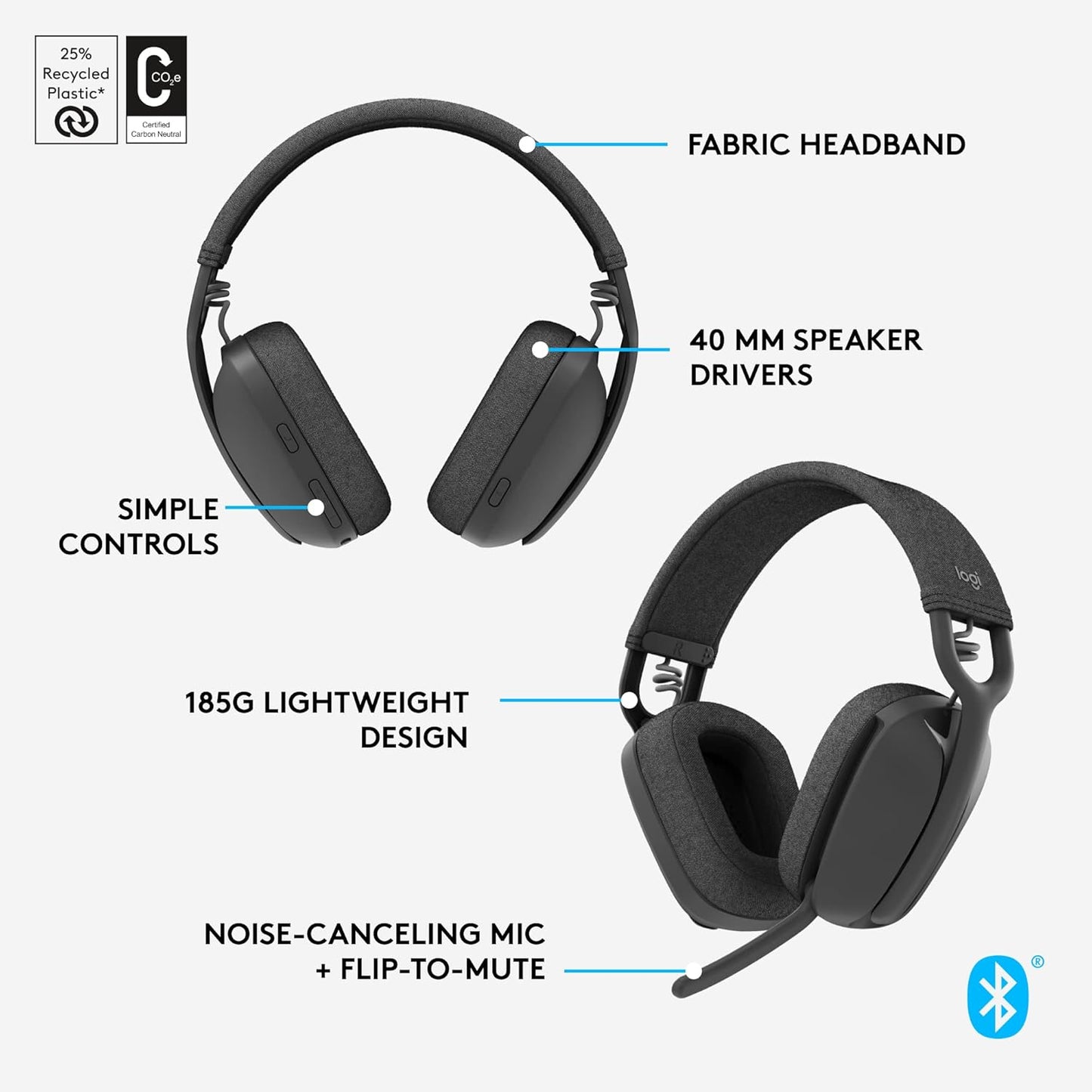 Logitech Zone Vibe 100 Lightweight Wireless Over Ear Headphones with Noise Canceling Microphone, Advanced Multipoint Bluetooth Headset, Works with Teams, Google Meet, Zoom, Mac/PC - Graphite