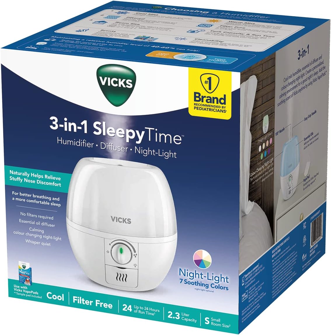 Vicks VUL500C 3-in-1 SleepyTime Ultrasonic Humidifier Diffuser Night-Light, Small Humidifier for Baby, Bedroom, Office Desk, with Variable Output Control, Scent Pad Slots, Auto Shut-Off, 2.3L/0.6Gal