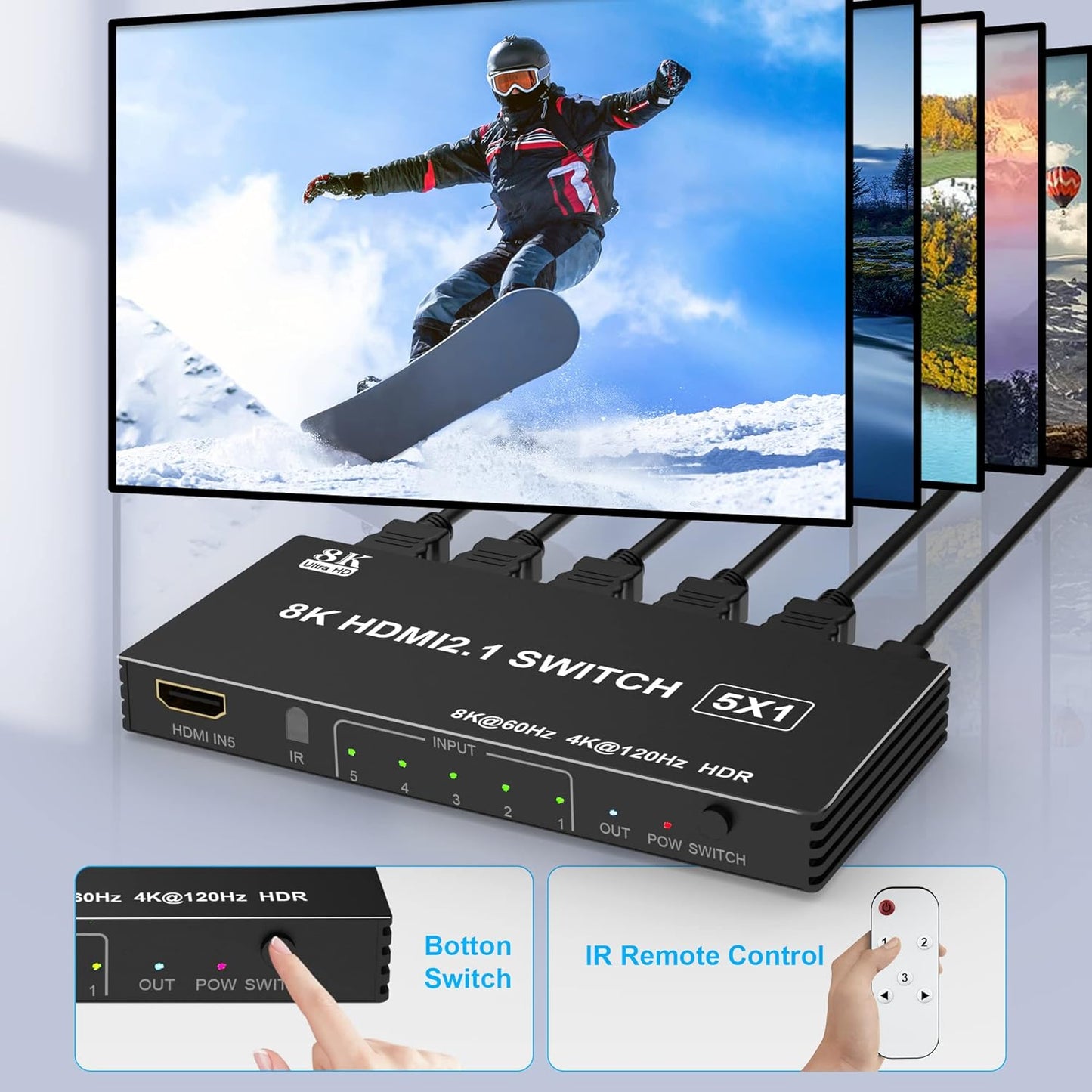 8K HDMI Switch Splitter 5 in 1 Out - 8K@60Hz 4K@120Hz HDMI Switcher 5 Port with IR Remote for Xbox PS4 PC TV