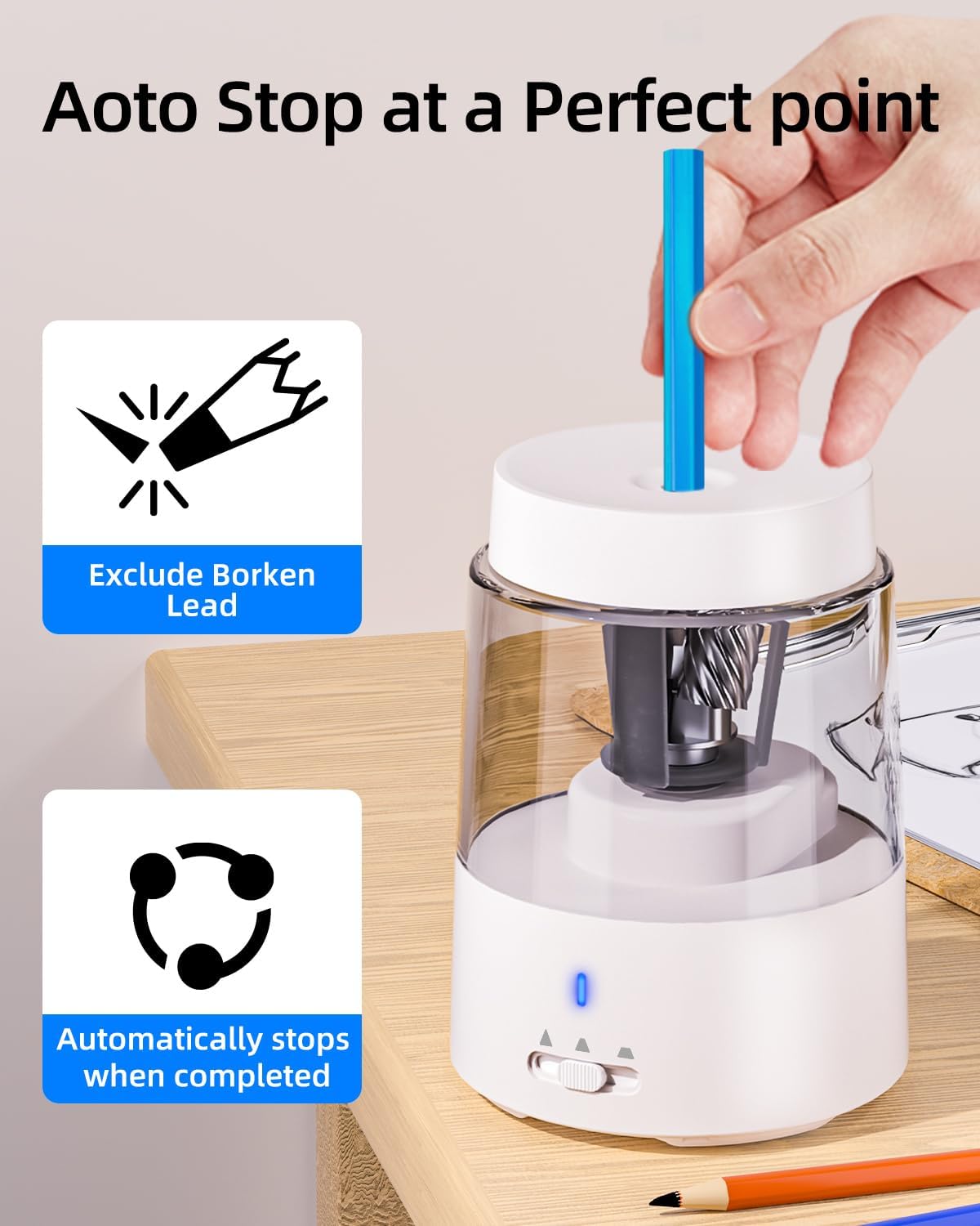 Zmol Electric Pencil Sharpener,Rechargeable Pencil Sharpeners for Kids, Auto Stop, Super Sharp & Fast, Pencil Sharpeners Electric Plug in for 6-8mm No.2/Colored Pencils/Office/Home (White)
