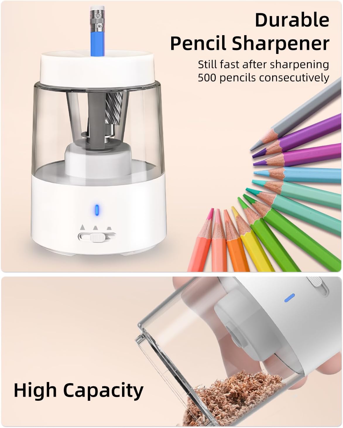 Zmol Electric Pencil Sharpener,Rechargeable Pencil Sharpeners for Kids, Auto Stop, Super Sharp & Fast, Pencil Sharpeners Electric Plug in for 6-8mm No.2/Colored Pencils/Office/Home (White)