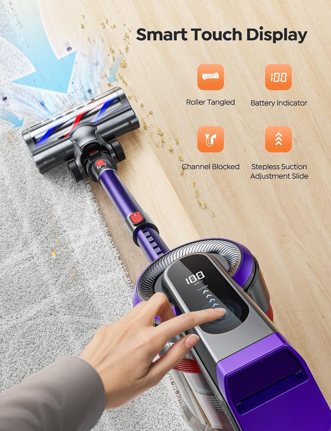 Cordless Vacuum Cleaner, 450W 38Kpa Max 55 Mins Vacuum Cleaners for Home with Detachable Battery, Stick Vacuums with Touch Display, Handheld Vacuums for Hardwood Floor Carpet Pet Hair