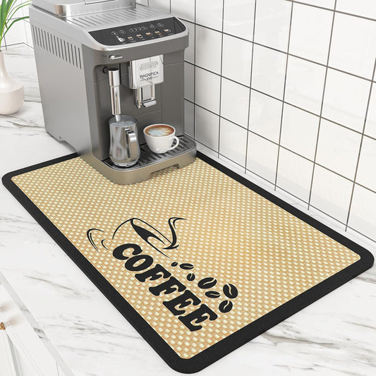 EsLuker.ly Coffee Mat for Bar Station, Rubber Backed Absorbent Dish Drying Pad for Kitchen Office Countertop, Fits Under Coffee Maker Pot or Espresso Machine, Hide Stains, 24''x16'', Beige