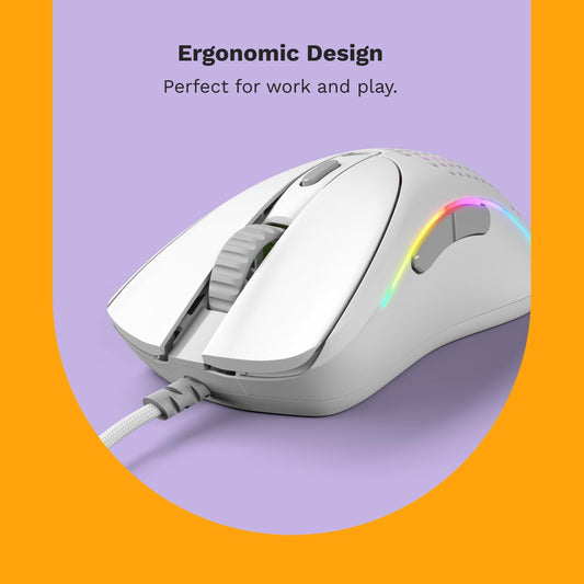 Glorious Gaming - Model D 2: Wired Ergonomic Mouse, Superlight 58g, 26K Optical Sensor, 6 Programmable Buttons, 80 Million Click Lifecycle, FPS, MMO, MOBA, Battle Royale (White) - PuriLite