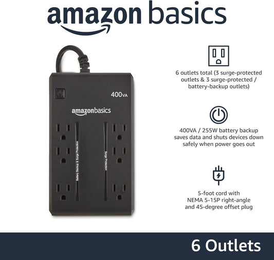 Amazon Basics Standby UPS Battery Backup 400VA 255W Surge Protector Uninterruptible Power Supply, 6 Outlets for Power Outage Protection, Compact, Black