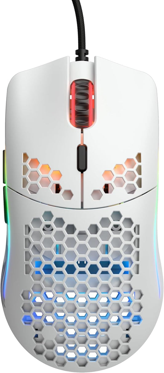 Glorious Model O- (Minus) Compact Wired Gaming Mouse - 58g Superlight Honeycomb Design, RGB, Pixart 3360 Sensor, Ambidextrous, Omron Switches - Matte White - PuriLite