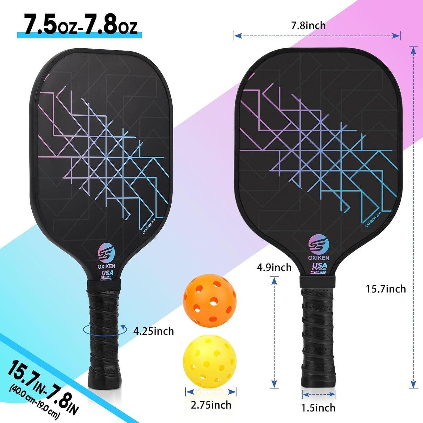 OXIKEN Pickleball Paddles Set of 2, USAPA Approved Carbon Fiber Pickle Ball Paddle (CHS), Polypropylene Honeycomb Core, Anti Slip Sweat Absorbing Grip, 2 Outdoor Pickleball, 2 Indoor Pickleball, Bag