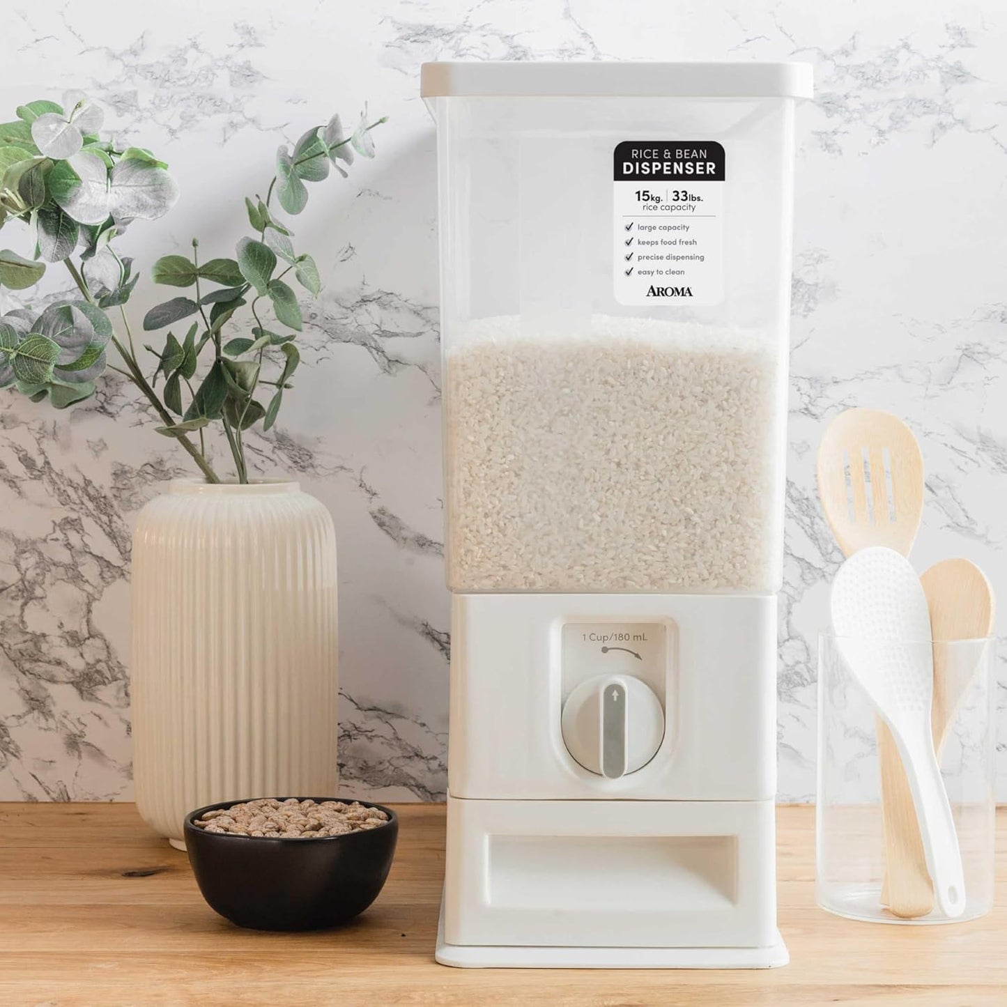 Aroma Housewares 33 lbs Rice & Bean Dispenser, Dry Food Storage Bin (ARD-133), White