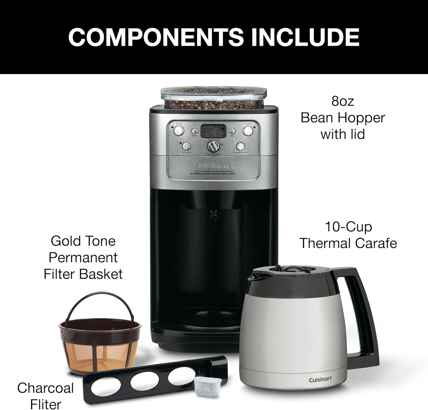Cuisinart DGB-950BCC Burr Grind & Brew 10-Cup Automatic Coffeemaker, Thermal Carafe, Charcoal Water Filter, Programmable, Stainless Steel, Silver