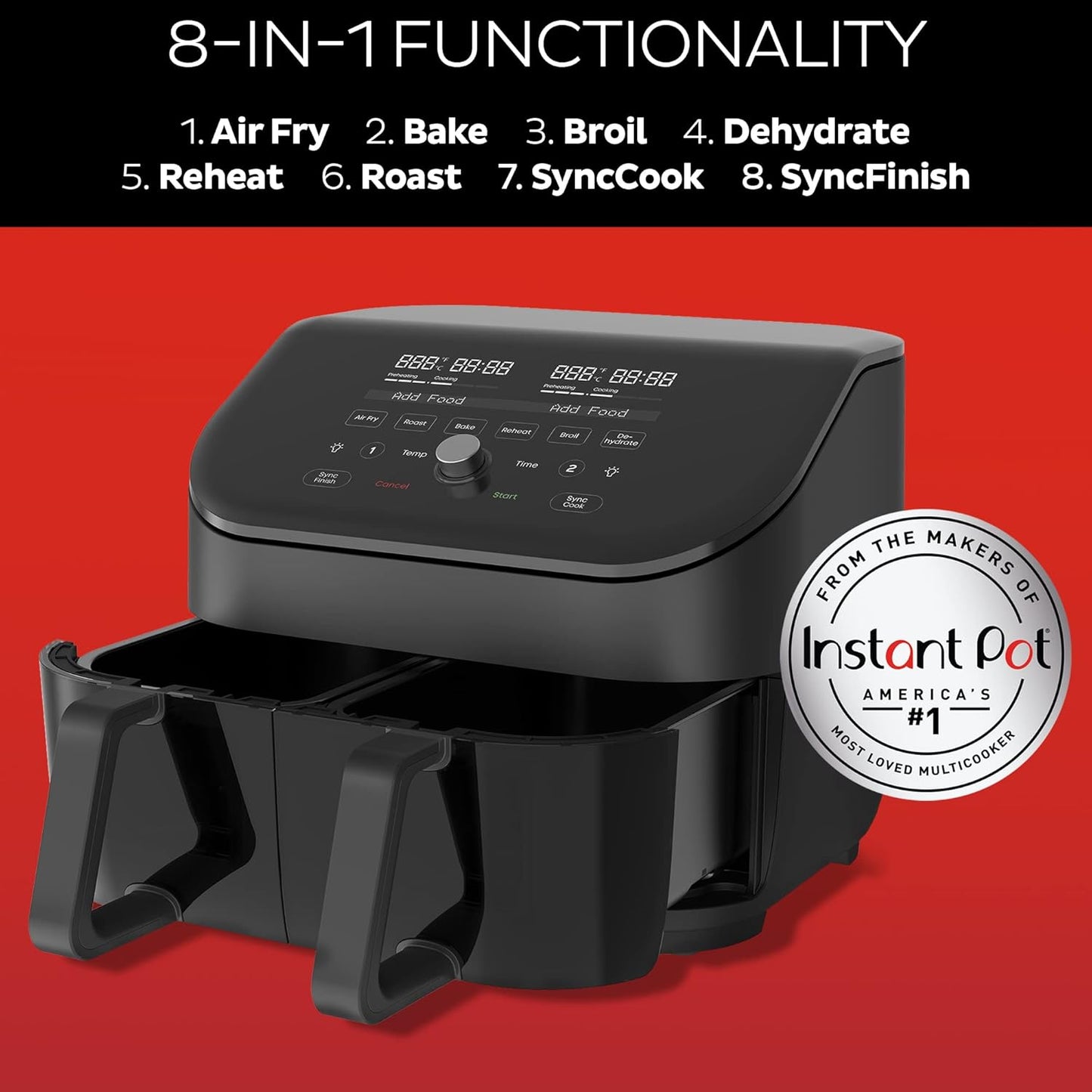 Instant Vortex Plus XL 8-quart Dual Basket Air Fryer Oven, From the Makers of Instant Pot, 2 Independent Frying Baskets, ClearCook Windows, Dishwasher-Safe Baskets, App with over 100 Recipes