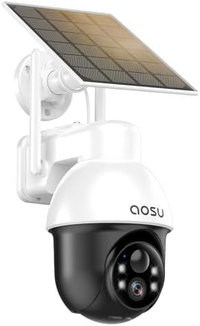 AOSU Solar Security Camera Wireless Outdoor with Panoramic PTZ, Human Auto Tracking, 2K Night Vision, Light and Sound Alarm, 2-Way Talk, Compatible with Alexa/Google Assistant for Home Surveillance