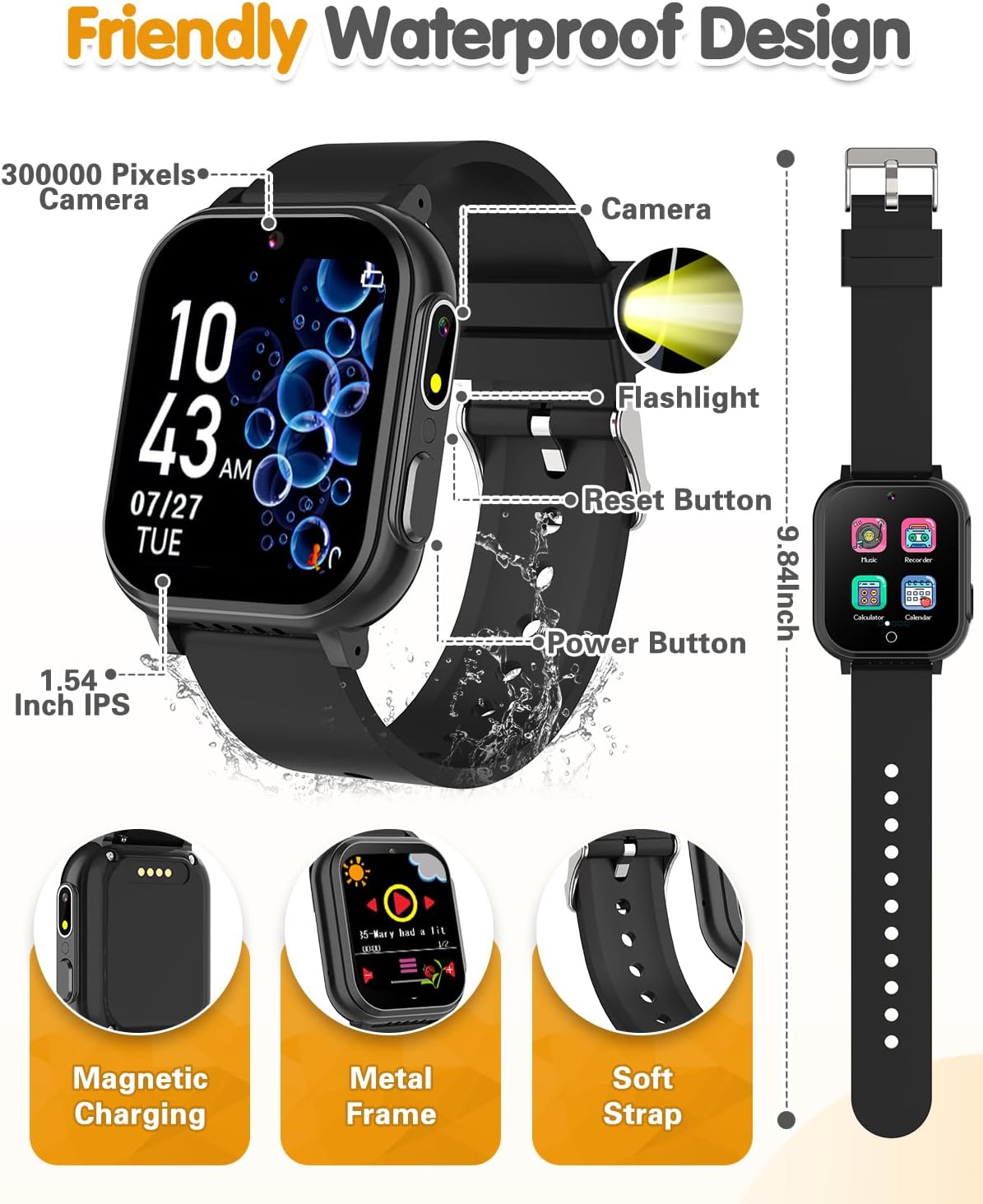 Kids Waterproof Smart Watch Boys Toys Age 5-12 with 32 Games, Dual Camera, Habit Tracking, Music Player, Video, Alarm Clock, HD Touchscreen Watch for Kids Birthday Gift for 3-12 Years Old Boys(Black)