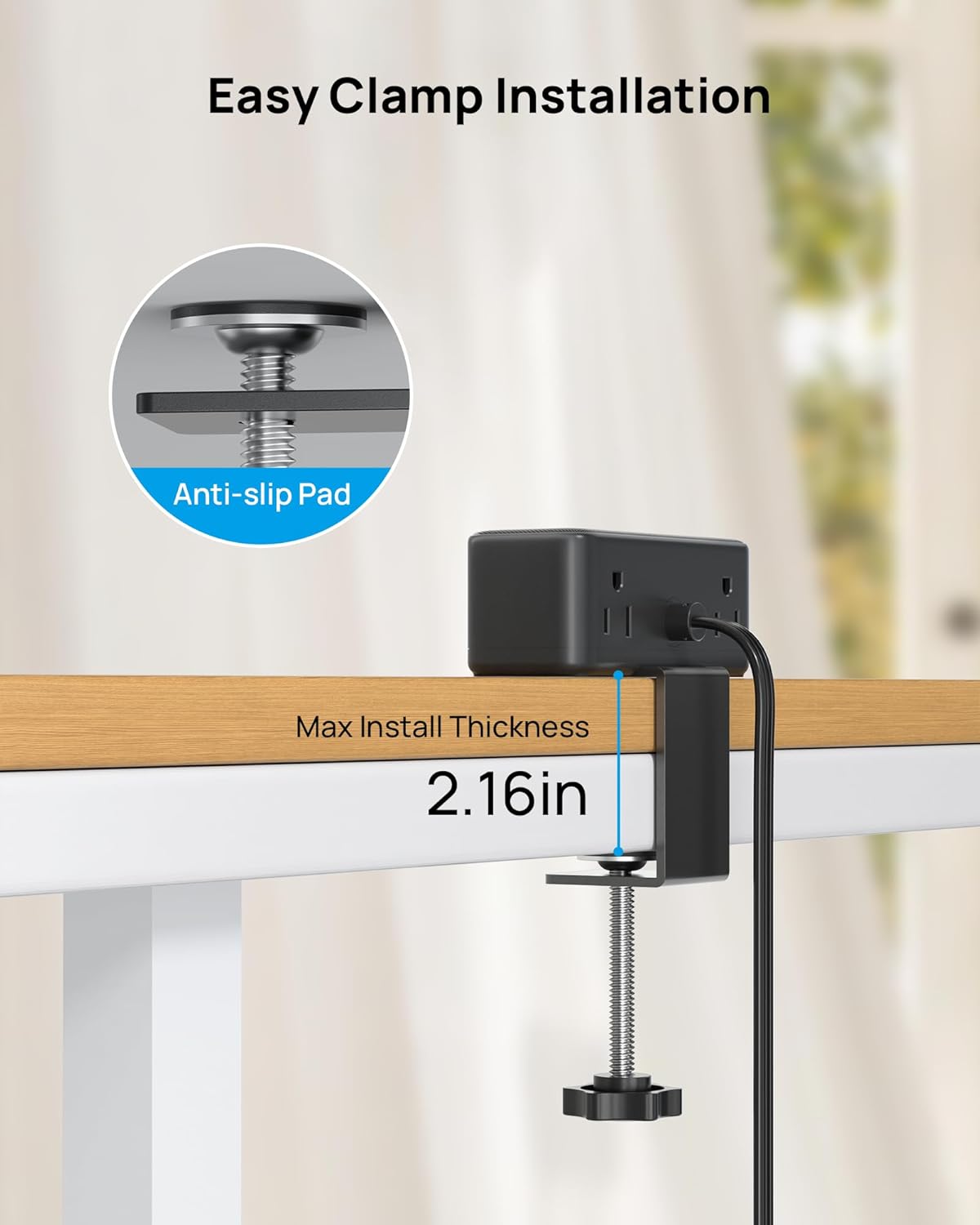 Desk Clamp Power Bar with Surge Protection, PD 20W USB-C Charging, 6 AC Outlets and 4 USB Ports, Flat Plug Extension Cord for Home Office and Desktop Use, Black