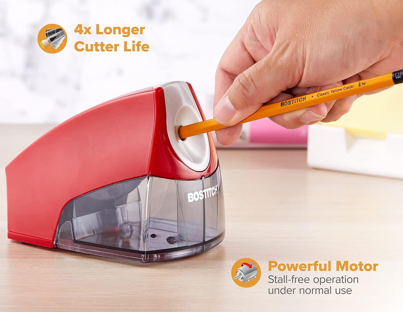 Bostitch Office Personal Electric Pencil Sharpener, Powerful Stall-Free Motor, High Capacity Shavings Tray, Red (EPS4-RED)