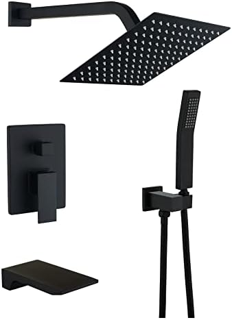 Bathtub Shower System Matte Black Tub Shower Faucet Complete Set with 10 Inch Rain Head with Handheld and Waterfall Shower Faucet Combo