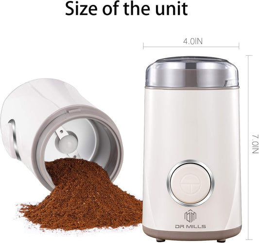 DR MILLS DM-7441 Electric Dried Spice and Coffee Grinder, Blade & Cup Made with SUS304 Stainless Steel (White) - PuriLite