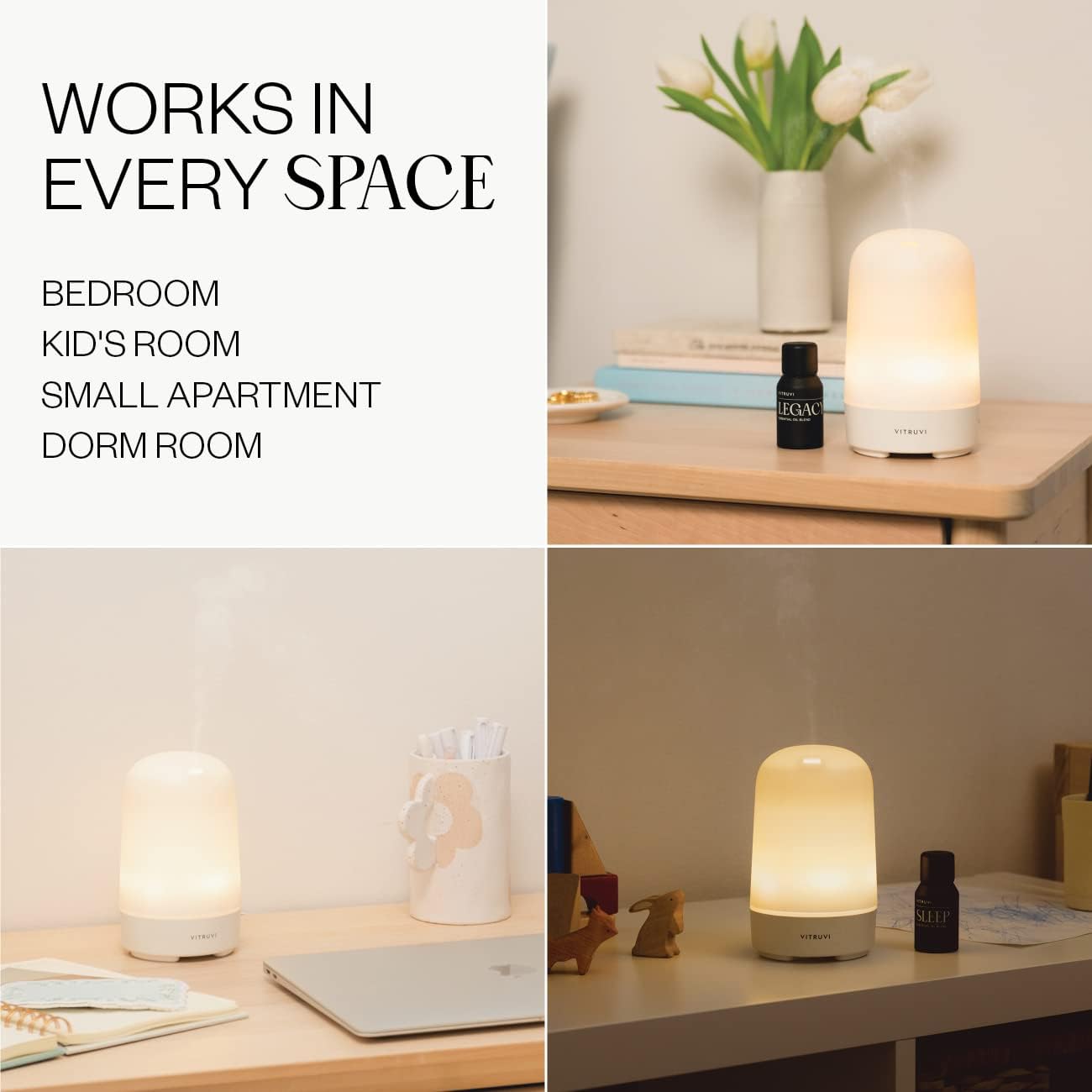 Vitruvi Glow Diffuser, Ultrasonic Essential Oil Diffuser | Oil Diffuser Essential Oils, Aromatherapy Diffuser | Diffusers for Home, Kids Room Diffuser, Room Decor (100 ml) White
