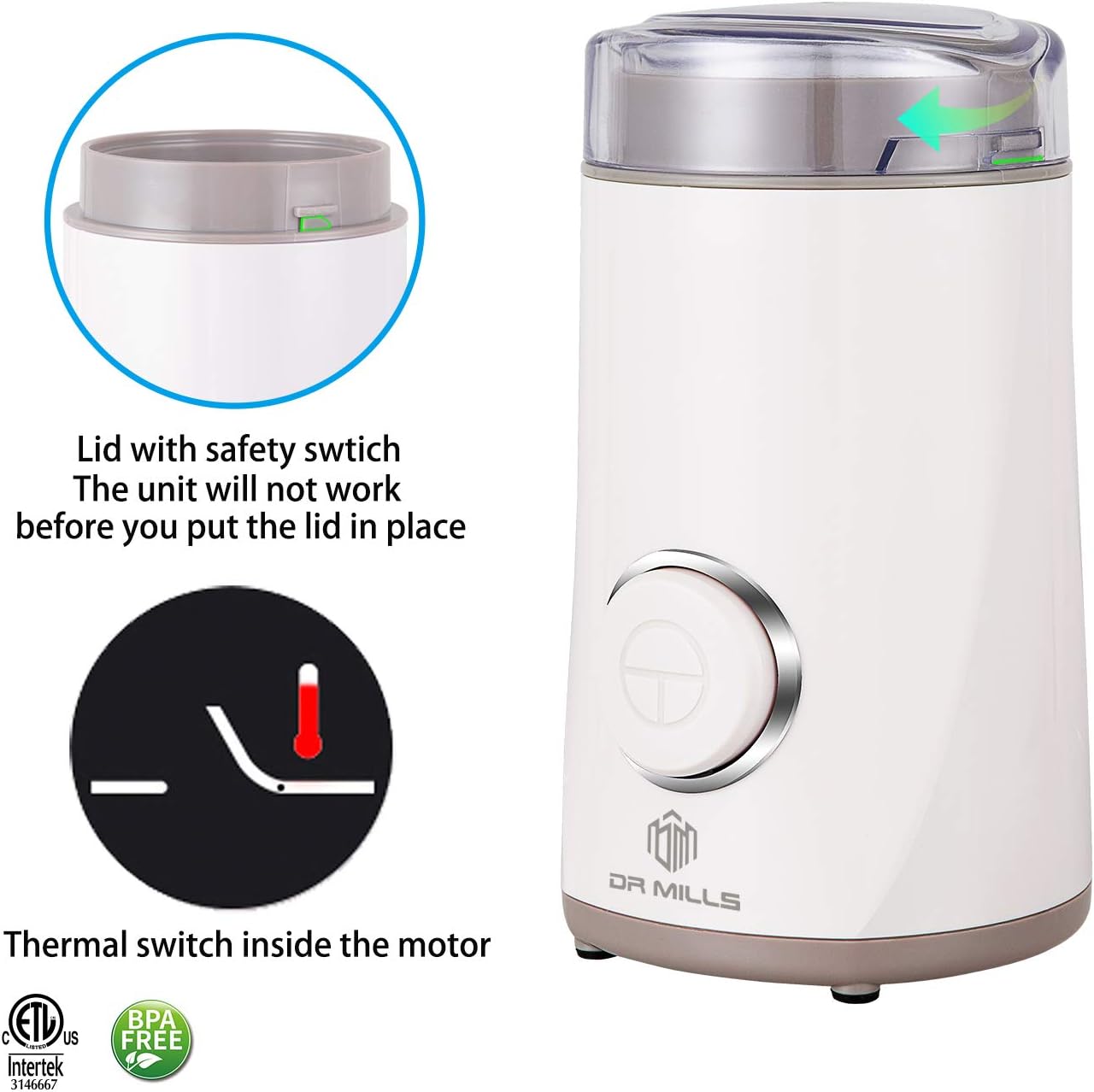 DR MILLS DM-7441 Electric Dried Spice and Coffee Grinder, Blade & Cup Made with SUS304 Stainless Steel (White)