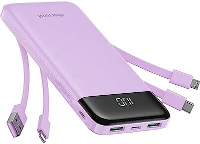 Charmast Portable Charger with Built in Cables, Power Bank with Cords Wires, Slim 10000mAh Travel Battery Pack 6 Outputs 3 Inputs 3A Fast Charging for Samsung Google Pixel LG Moto iPhone iPad