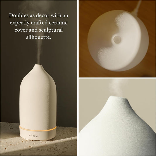 Vitruvi Stone Diffuser, Ceramic Ultrasonic Essential Oil Diffuser for Aromatherapy | Ceramic Diffuser, Diffusers for Home, Oil Diffuser, Housewarming Gift | White, 90ml Capacity - PuriLite