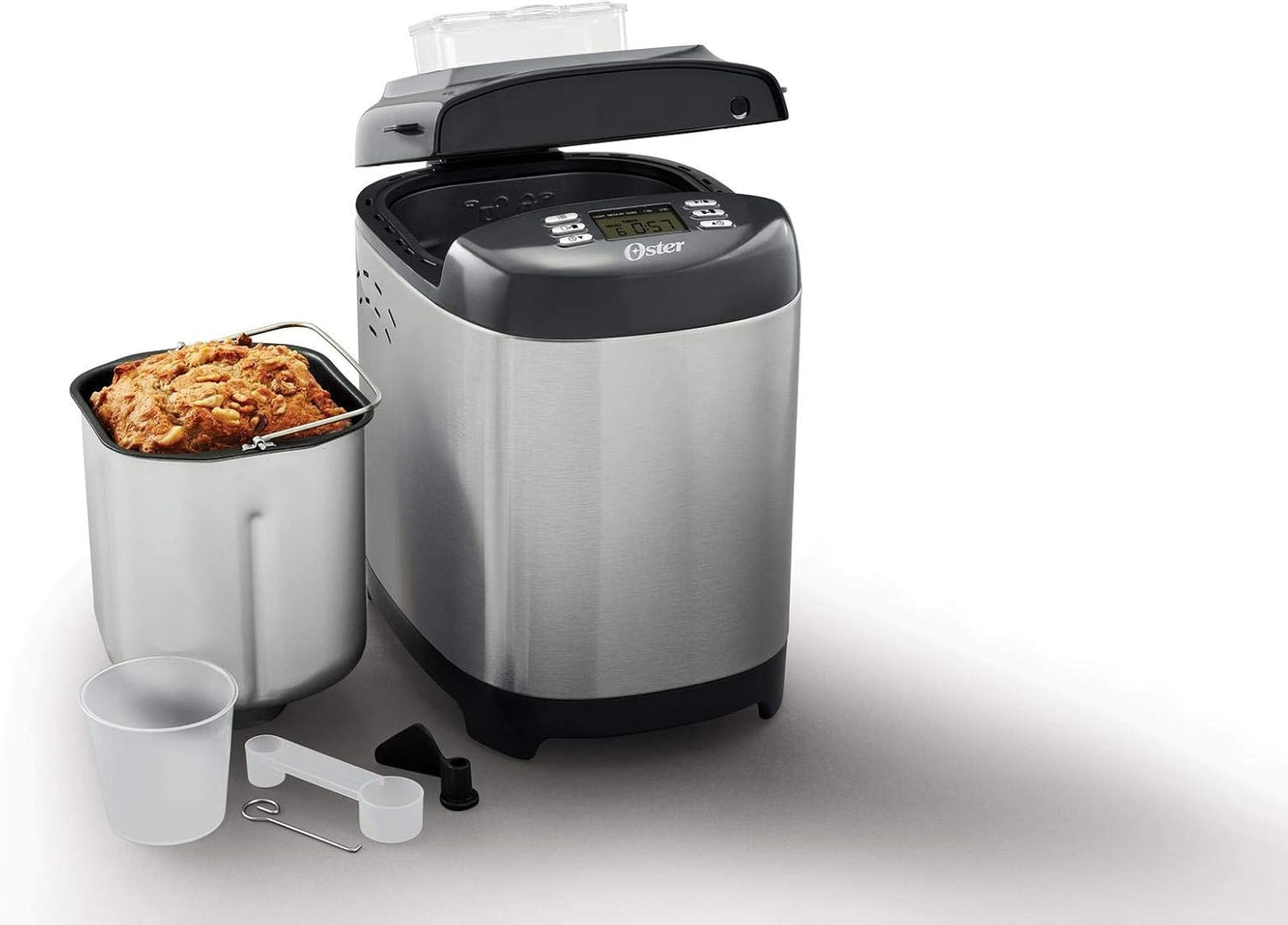 Oster Bread Maker with ExpressBake and 12 Preset Functions Including Gluten Free, 2 Pound Capacity, Stainless Steel & Black