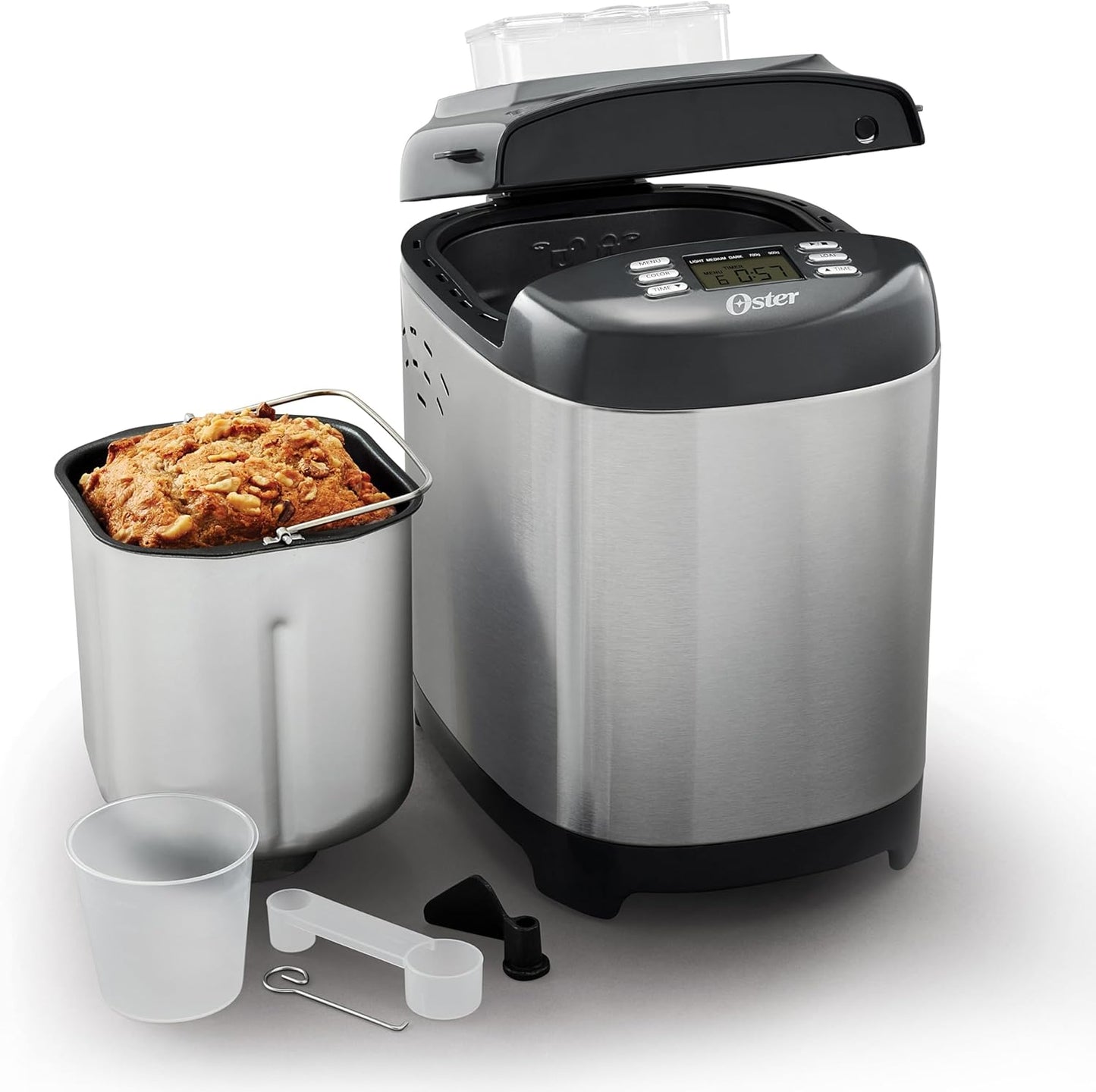 Oster Bread Maker with ExpressBake and 12 Preset Functions Including Gluten Free, 2 Pound Capacity, Stainless Steel & Black