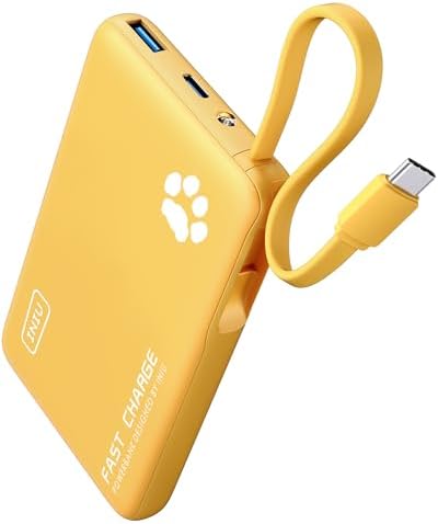 INIU Portable Charger, Slim 10000mAh Power Bank with Build in USB-C Cable, 20W Fast Charging Powerbank with Cords Wires, Travel Essentials Battery Pack for Multi Smartphones Tablets, Yellow