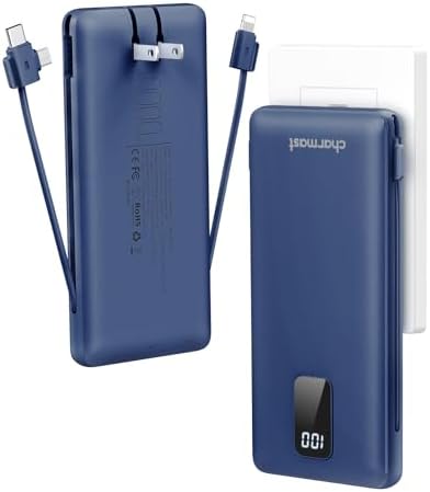 Charmast 10000mAh Portable Charger with Built-in Cables and AC Wall Plug,USB C Battery Pack Power Bank,5 Output 2 Input Battery Pack Compatible with iPhone 16/15/14/13/12,Andriod Series