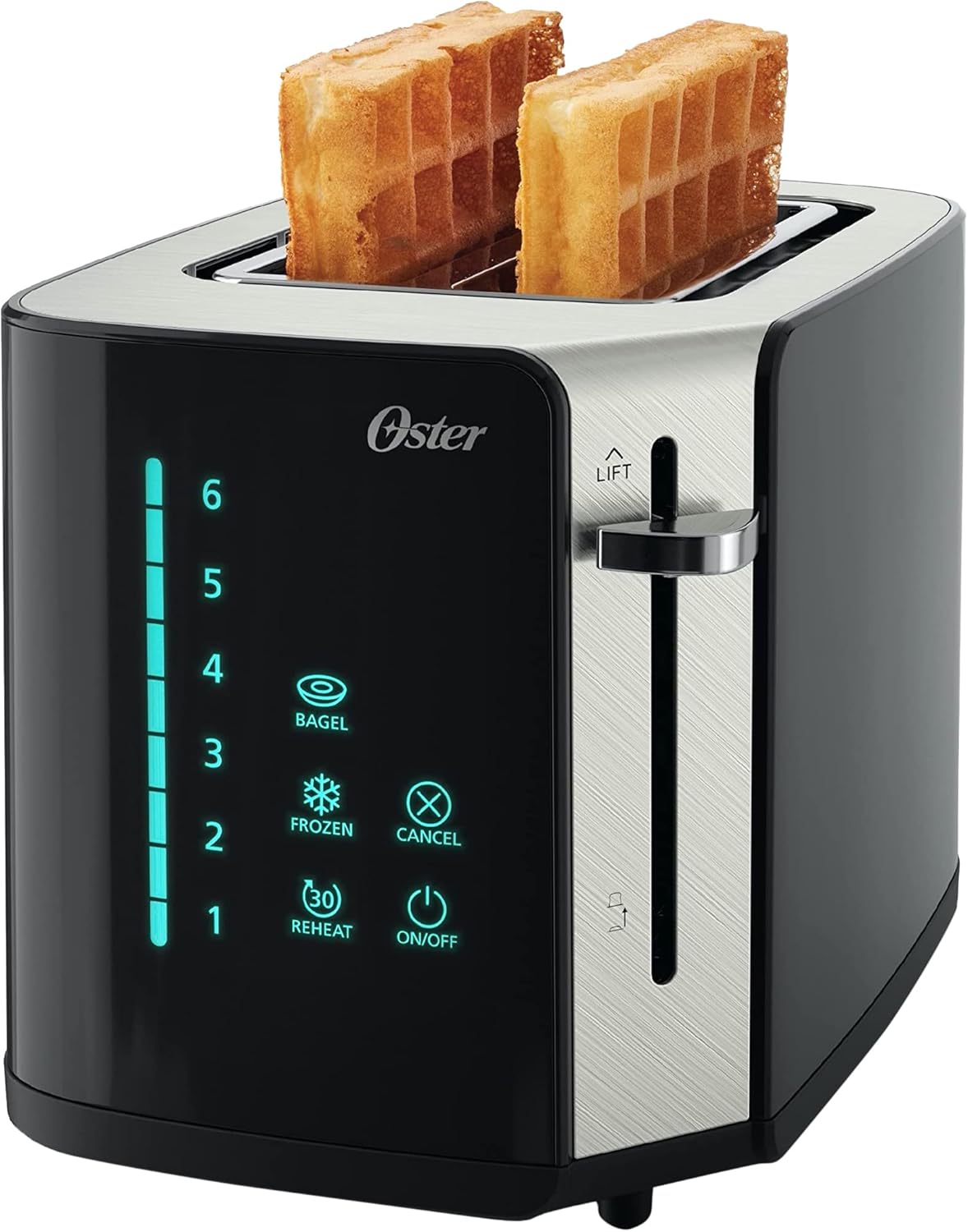Oster 2-Slice Toaster, Touch Screen with 6 Shade Settings and Digital Timer, Black/Stainless Steel