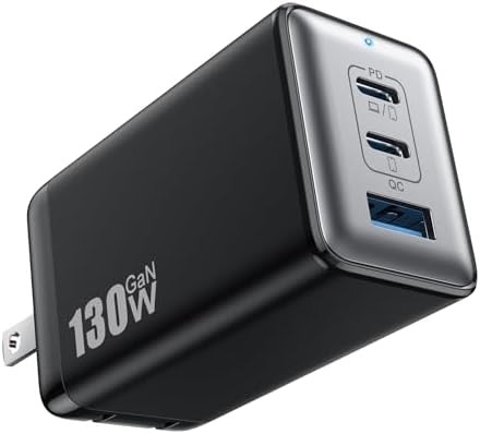 130W USB C Wall Charger,GaN III 3-Port Fast Charging Station,PD QC Foldable Charger Block Portable 65W USB C Laptop Adapter for MacBook Pro/Air,iPad Pro,Galaxy S23,Dell XPS 13,iPhone 15/Pro etc-Black