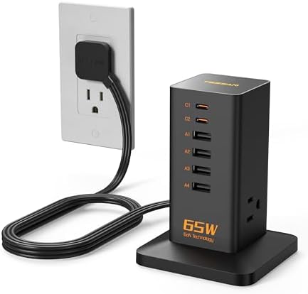 Charging Station, TESSAN 65W Max GaN USB C Charger Block, 6-Ports and 3 AC Outlets Power Tower, Fast Charging for Multiple Devices, Compatible with iPhone, Samsung and More