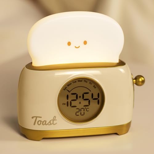 Alarm Clock for Kids, Cute Toast Night Light Alarm Clocks for Bedrooms, Dimming Rechargeable Small Led Desk Clock with Snooze & Countdown for Room Decor, Bedside Clock for Teen Girls Boys,Green