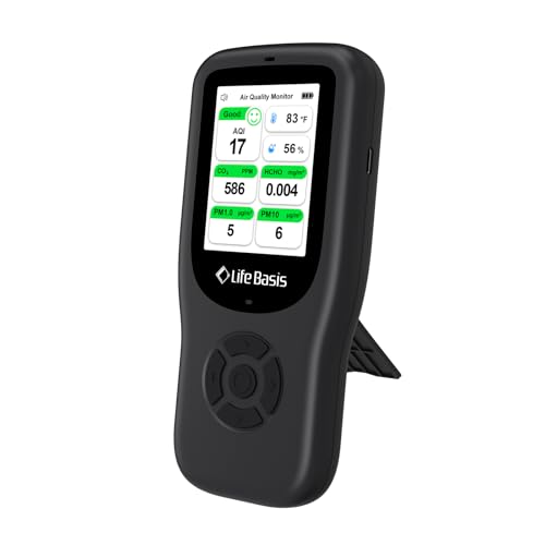 LifeBasis Air Quality Monitor Indoor, 10-in-1 Air Quality Detector with Stand, Real-Time Air Meter Test AQI, PM1.0, PM2.5, PM10, CO2, TVOC, HCHO, Particles, Temperature and Humidity with Alert -Black