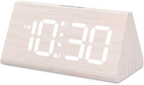 Odokee Wooden Digital Alarm Clock for Bedroom: Electric Desk Clock with Large LED Display - Brown