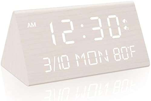 Kogonee Wooden Digital Alarm Clock, 0-100% Dimmer, 2 Alarm Settings, Weekday/Everyday Mode, 9 Mins Snooze, 12/24H, Temperature and Date Display for Office, Travel, Bedroom Alarm Clock (White)